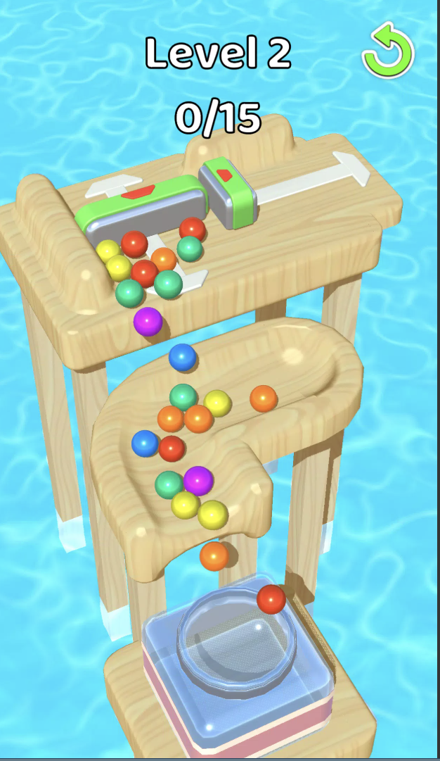 A Ball Sweep prototype level with stacked wooden platforms, colored balls, sweepers, and a collection target.