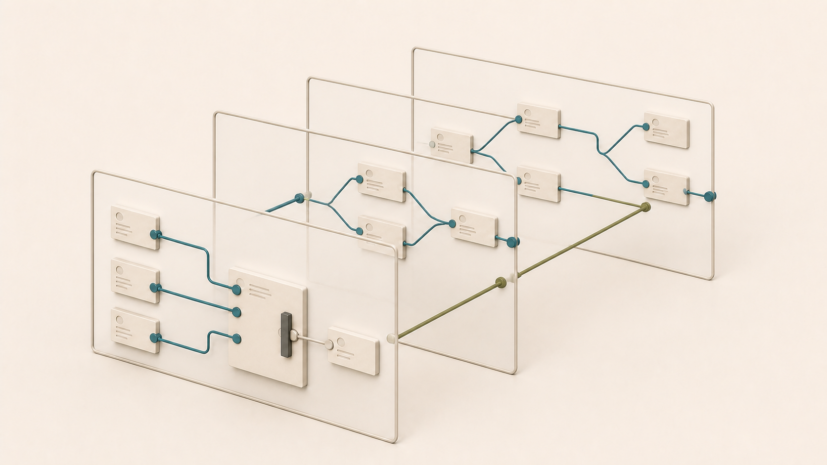 Four connected task graphs arranged on parallel planes in depth.