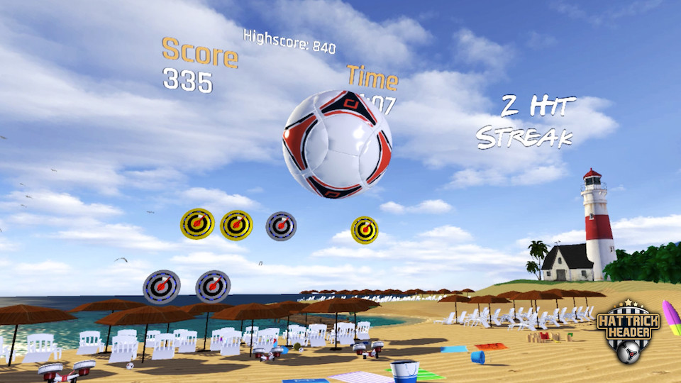 First-person Hat Trick Header gameplay at a beach, with an incoming football and a set of circular targets.