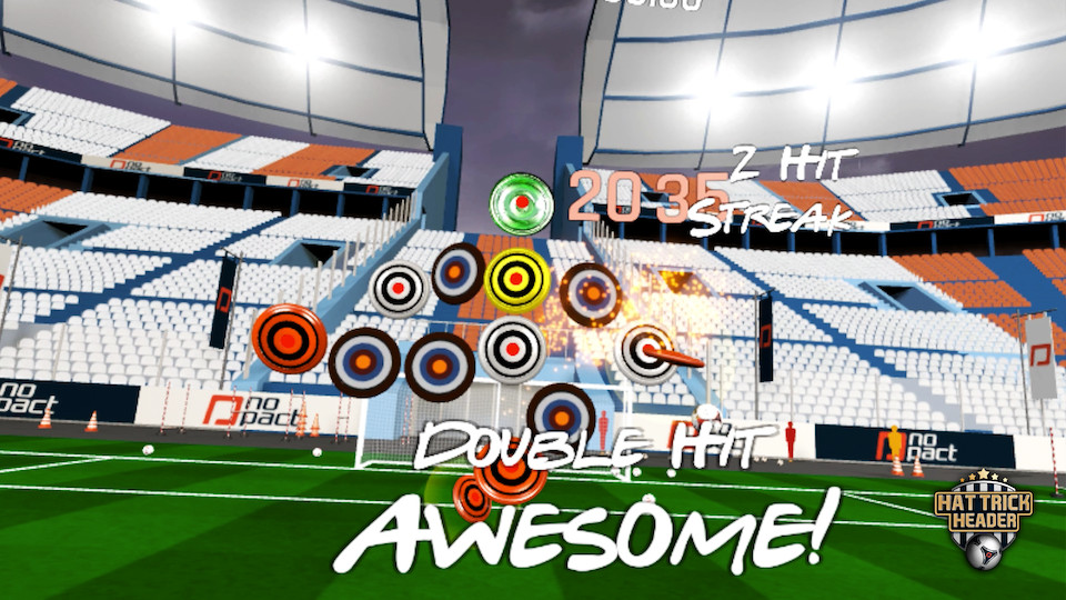 Hat Trick Header stadium gameplay with several targets and score feedback.