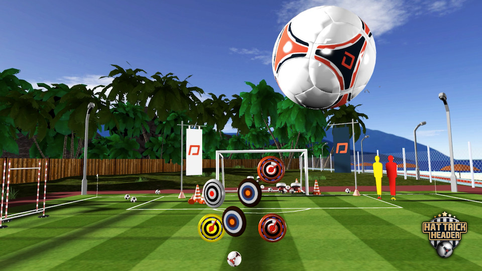 Hat Trick Header training-ground gameplay with an incoming football and targets in front of a goal.