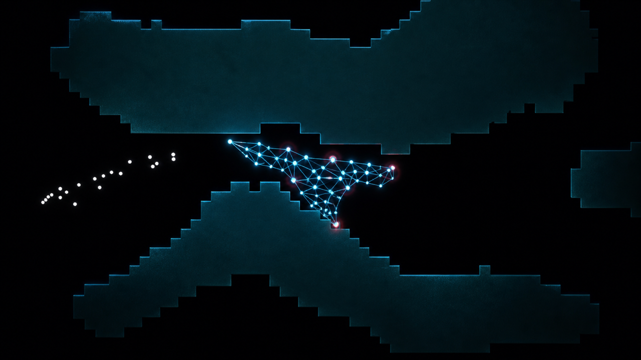 Conceptual illustration of a spring-lattice body deforming through a narrow opening toward a target.