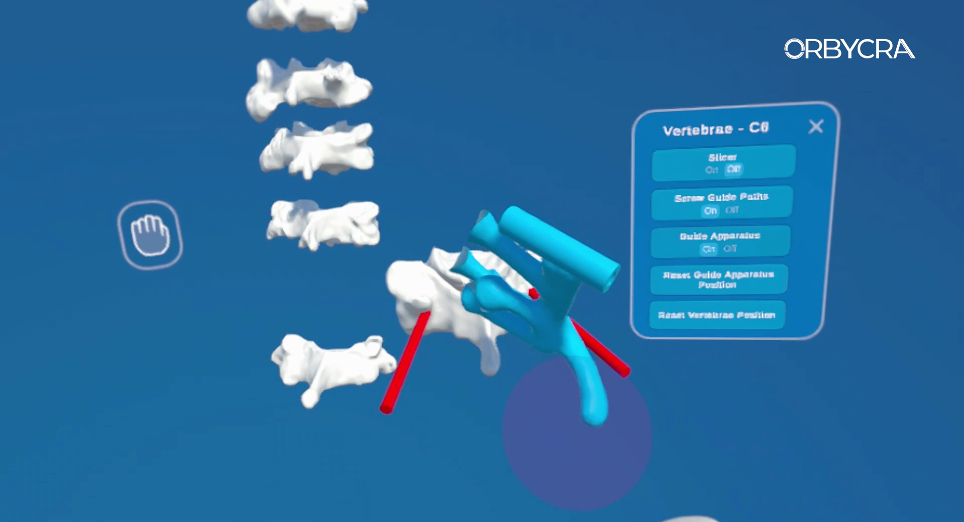 A VR planning prototype showing vertebrae, guide geometry, screw paths, and an interaction panel.