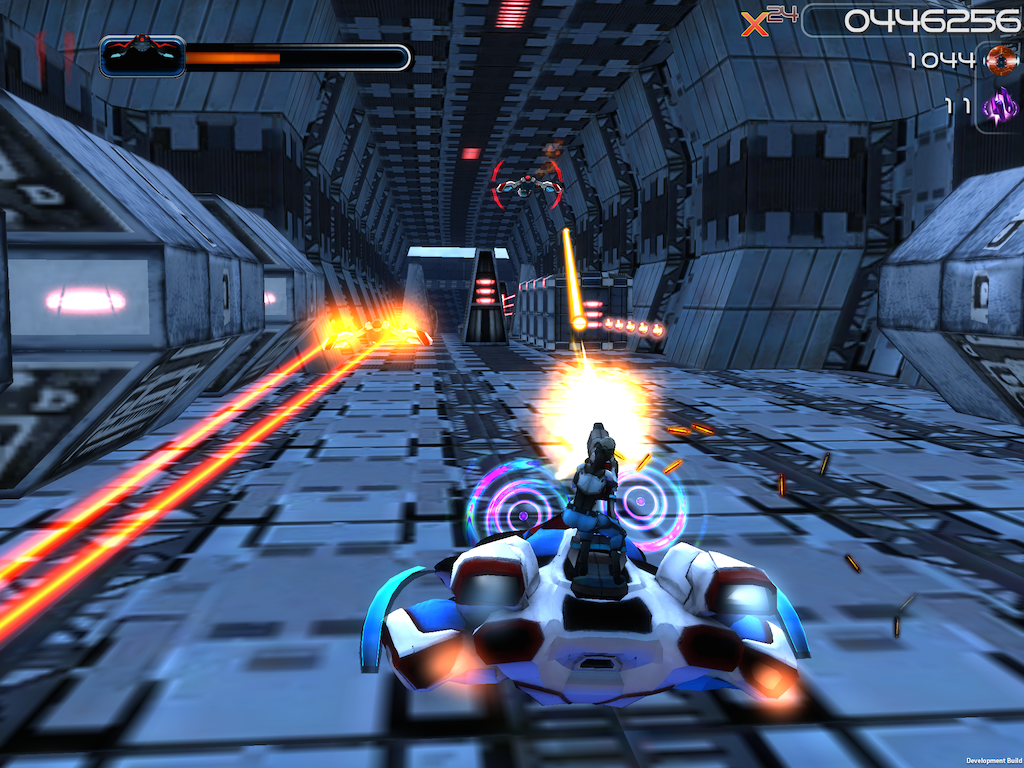 Reclaim gameplay showing the gunship and route obstacles.