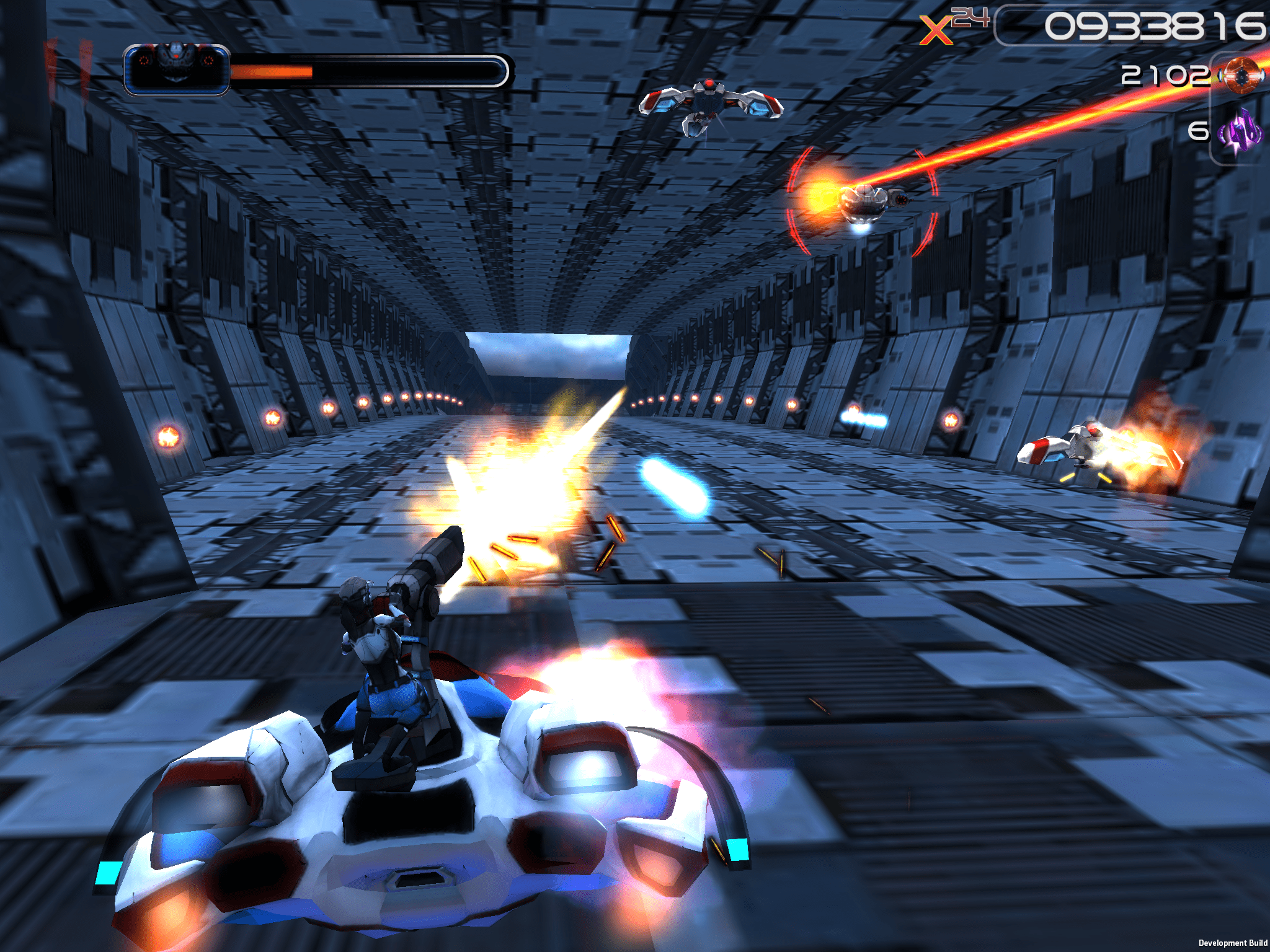 Reclaim gameplay with a gunship, turret character, enemy robots, and projectiles in a science-fiction corridor.
