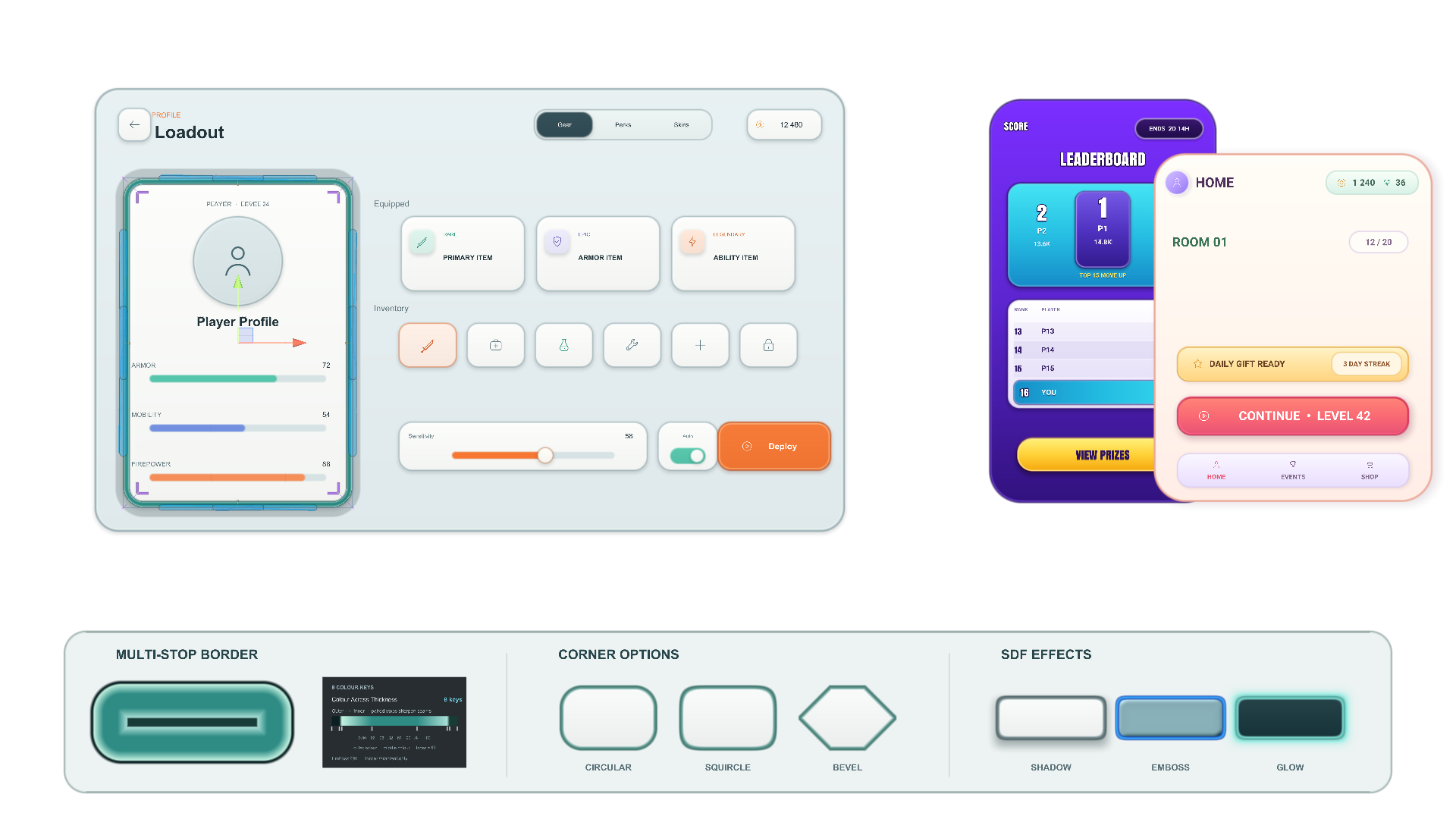 A complete interface example, two responsive layouts, a selected rounded rectangle with Unity Scene controls, and examples of border, corner, and SDF settings.