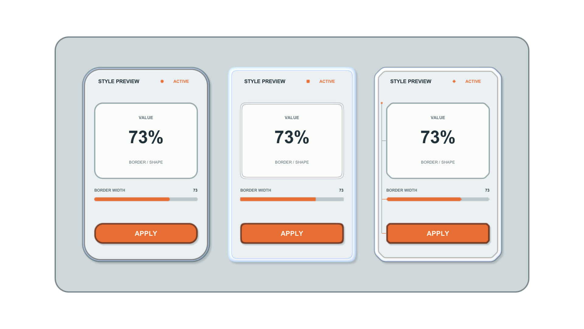 Three interface modules using circular, squircle, and bevel corner treatments with different borders and surfaces.