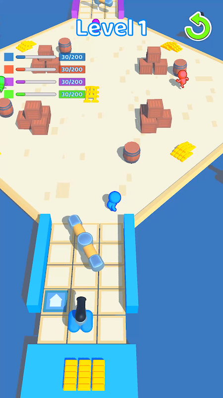 Thieves.io arena with four color-coded thieves, bases, gold stacks, obstacles, and launchers.