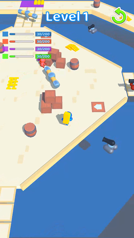 Thieves.io gameplay with a blue thief carrying gold through an arena with cannons, crates, barrels, and rival bases.