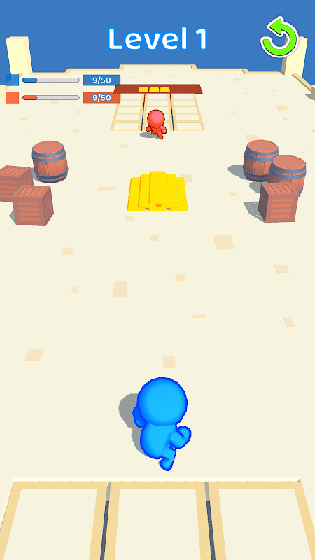 Thieves.io opening arena with blue and red thieves, gold stacks, crates, barrels, and visible base health.