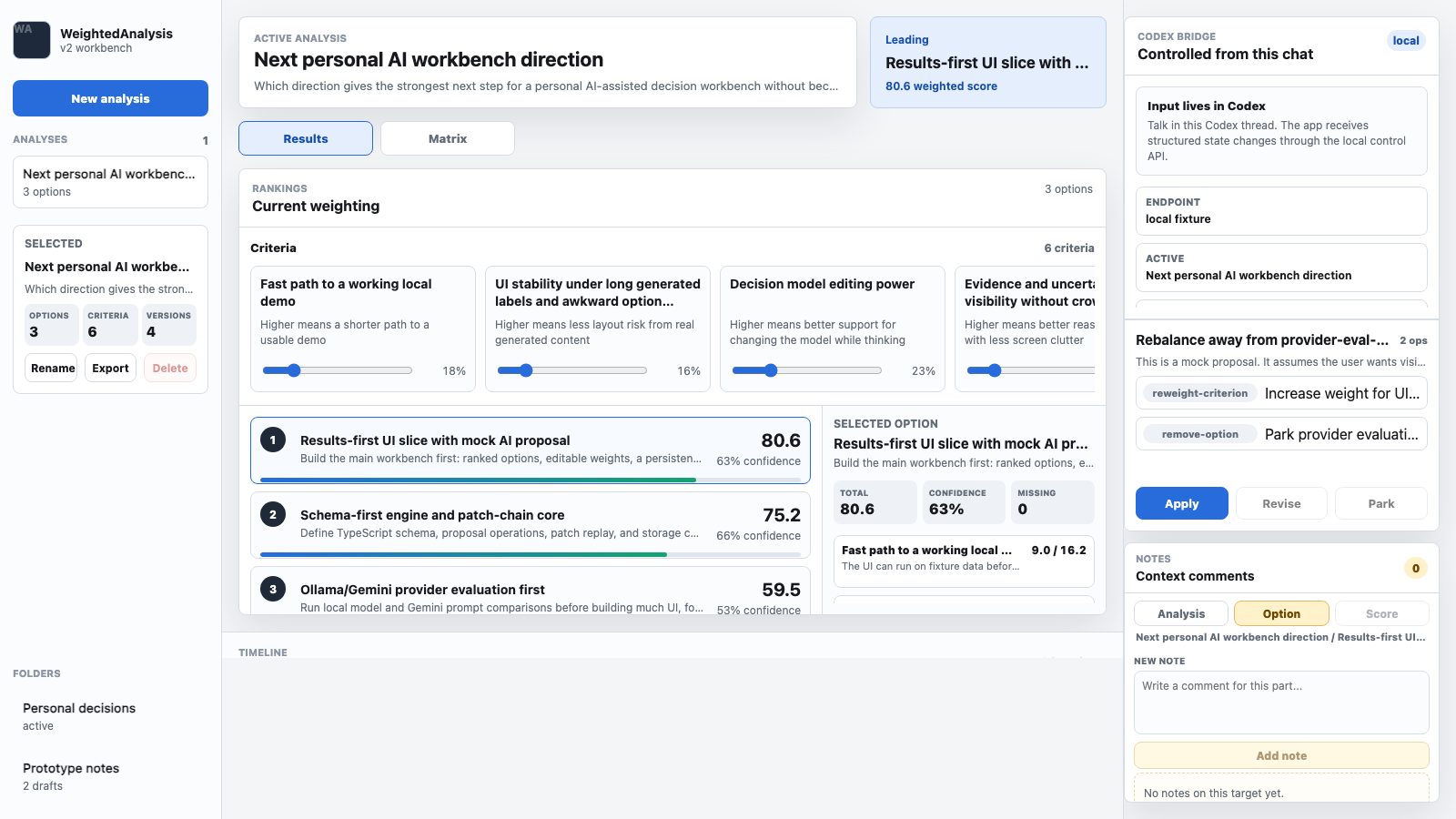 WeightedAnalysis showing editable criteria weights and a ranked comparison of three options.